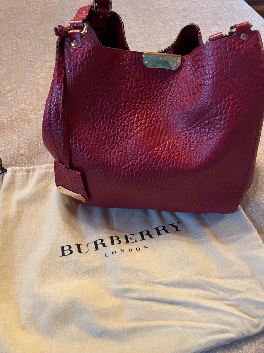 Burberry Crimson Red Pebbled Leather Shoulder Bag